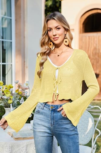 Image of Balimtoy Women Tie Front Cardigan Crochet Sweater Crop Tops Cute Bell Long Sleeve Knit Shrug Beach Vacation Cover Up