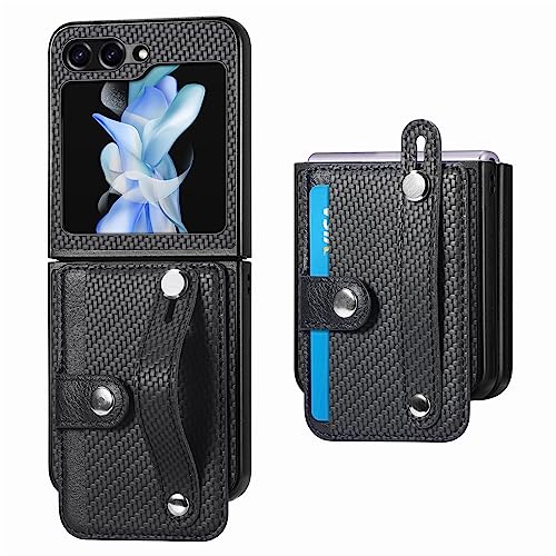 Asuwish Phone Case for Samsung Galaxy Z Flip 7 5G and Cell Accessories with Wrist Strap Credit Card Holder Slot Stand Kickstand Protective Slim ZFlip 7Z Z7 G Flip7 ZFlip7 Women Men Carbon Fiber Black
