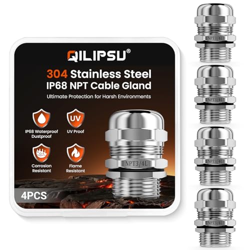 QILIPSU 4pcs 3/4" NPT 304 Stainless Steel Cable Gland Waterproof IP68 Metal Strain Relief Cord Grip Long Thread Cable Pass Through Wire Connector
