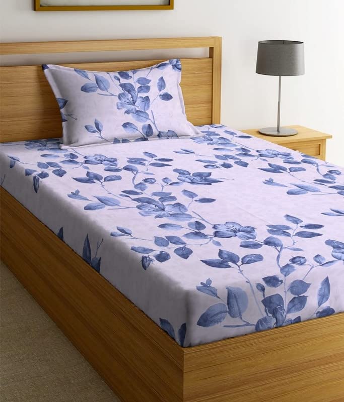 Image of NHD HOME Premium Glace Cotton 180 TC Flat Single Bedsheets for Summer Breathable | Wrinklefree (Size-60 X 90 Inch) with 1 Pillow Covers (Size-17 X 27 Inches, Blue Leaf Printers)