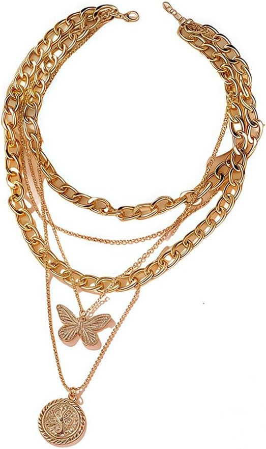 Gold Layered Necklace for Women Vintage Coin Cross Butterfly Pendant Necklace Trendy Chunky Chain Choker Necklaces Dainty Y2k Cuban Chain Christmas Birthday Party Jewelry