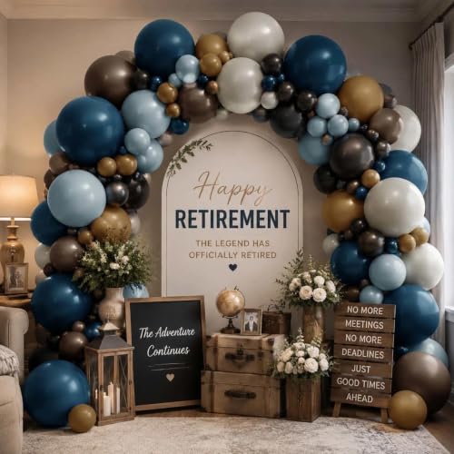 Image of Blue Brown Sand White Balloon Arch Double Stuffed Blue Black Brown Balloons | brown dark blue balloon garland kit for Boho Birthday baby shower cowboy gender reveal retirement anniversary party decor