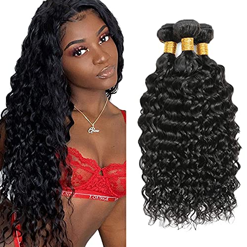 NiegMeag Water Wave Human Hair Bundles 10A Brazilian Virgin Hair Water Wave 3 Bundles 14 16 18 Inch 100% Unprocessed Human Hair Extensions Natural Black Color Can Be Dyed