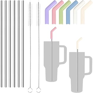 Stainless Steel Straws Reusable for Cocktail, Smoothie and Juice, Straight | 6 Pcs Stainless Steel Straws with Silicone Tips, 12 Inch Metal Straw for Stanley Cup, Metal Straw with Cleaning Brushes