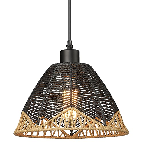 Image of zeyu 1-Light Rattan Pendant Light, Farmhouse Boho Hanging Lamp for Dining Room Kitchen, Handwoven Paper Twine Shade in Black Finish, ZSL69MIL BK