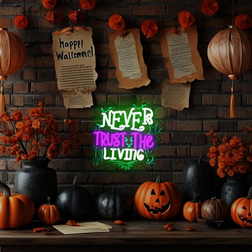 Image of KODGGHK Never Trust the Living Neon Signs for Wall Decor, Halloween Decor Neon Sign, LED Light up Sign with Dimmable Switch for Bedroom Man Cave Beer Bar Club Game Room Halloween Party Gifts