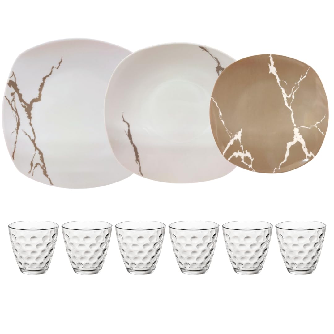 Servicio de platos de 25 piezas para 6 personas con vasos y ensaladera | Resistente porcelana blanca y gris claro diseño moderno mármol elegante refinado | Uso diario, lavable en lavavajillas