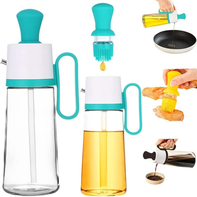 Oil Dispenser Bottle, Glass Olive Oil and Vinegar Bottle with Brush Condiment Bottles 2 In 1 for Kitchen Baking BBQ Grill Turkey Basting Pastry (550mlgreen)