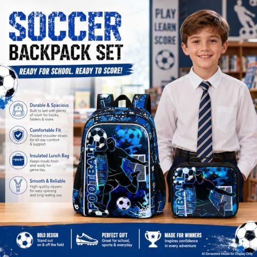 Image of AGSDON 3PCS Kids Backpack for Boys, 17 inch Football Backpacks with Lunch Box, Water Resistant and Lightweight Bookbag for Teenagers