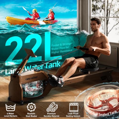 Image of Water Rowing Machine for Home Use, WENOKER Wooden Foldable Rower Machine with Dedicated Monitor & Bluetooth APP, Large Water Tank & Comfortable Seat for Immersive Water Rower, 350LBS Weight Capacity