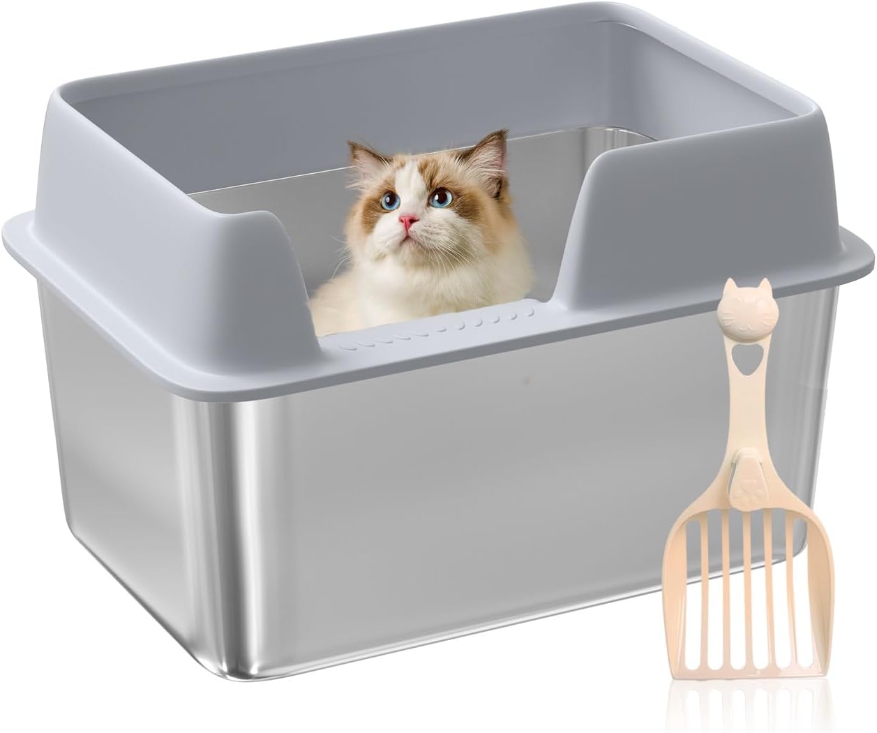Stainless Steel Litter Box with Lid, High Sided Litter Box for High Spraying Cats,Metal Litter Box Covered, Easy Clean Litter Box for Cats, Non-Sticky, Anti-Leakage, Non-Leaking (Grey)
