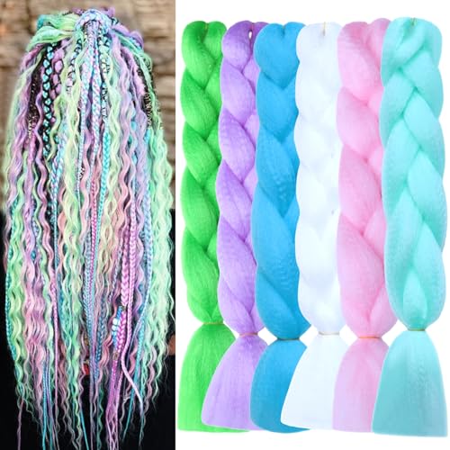 Zifeiya Colorful Braiding Hair 24inch Colored Hair Extensions for Braids 6pcs Multicolor Rainbow Braiding Hair for Kids Girls Women