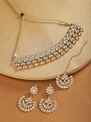 Image of Karatcart Gold Plated Pearl and Drop Kundan Studded Choker Necklace Setfor Women