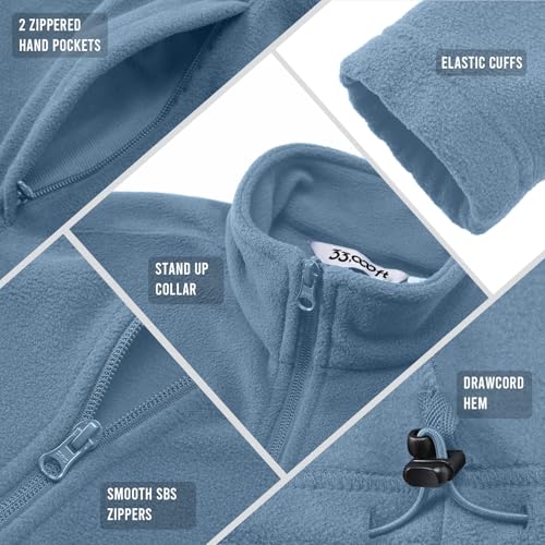 33,000ft Damen Fleecejacke mit Durchgehendem Reißverschluss Stehkragen Damen Leichte Fleece Jacke Outdoor Damenjacke für Wandern und Freizeit,Graublau XL