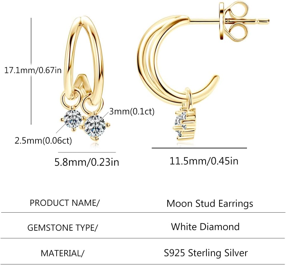 Sterling Silver Crescent Moon 2 Diamond Stud Earrings for Women, D-color VVSI Diamond Studs for Women, Ideal Gift for Friends or Loved Ones - Image 2