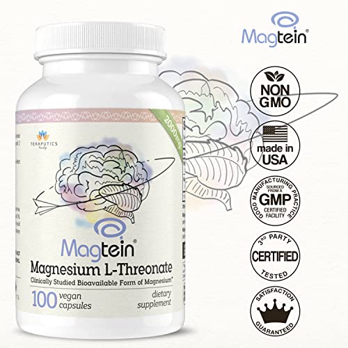 Magnesium L Threonate (Original Magtein Formula) - 2000 Mg - 100 Vegan Capsules - Non-Gmo Highly Absorptive Pure Magnesium Supplement - A Vitamin For Cognition - Pills Are Without Laxative Properties #TOP2
