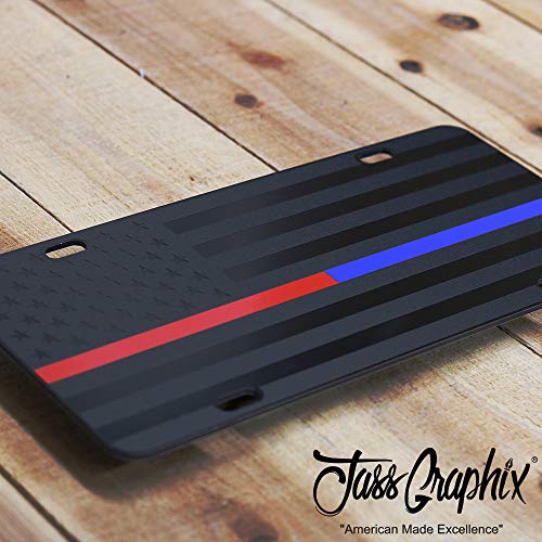 Jass Graphix Thin Blue Line Thin Red Line Almost Invisible American Flag License Plate Matte Black On 1/8" Black Aluminum Composite Heavy Duty Tactical Patriot Usa Car Tag #TOP1
