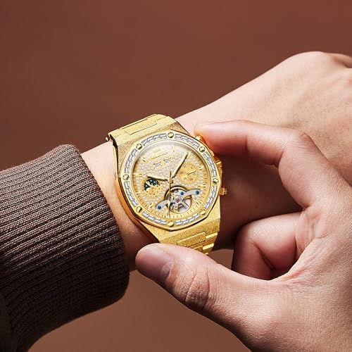 Image of OLEVS Automatic Watch for Men 44MM Large Dial Frosted Gold Octagon Self-Winding Diamond Waterproof Stainless Steel Wrist Watches Tourbillon Skeleton Mechanical