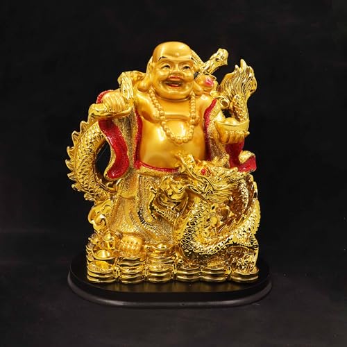 Image of Spillbox Resin Golden Happy man Statue|Laughing Buddha|Feng Shui|Show Piece|Gift Item |Vastu|Decorative Showpiece for Home Decor|Office Desk Table (Happy Man with Dragon)