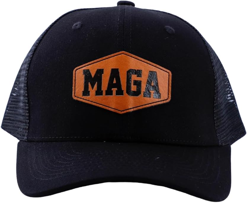 Maga Trucker Hat Mesh with Leather Patch – Adjustable Snapback Baseball Cap – Patriotic Hat for Men & Women