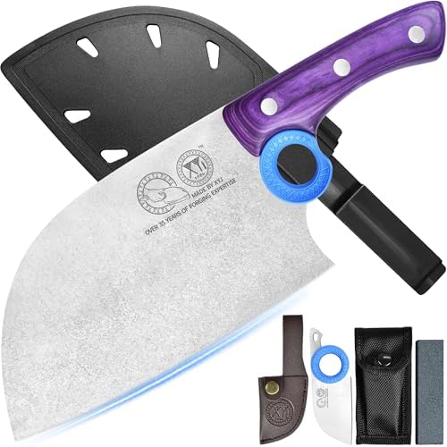 XYJ Authentic Since 1986,Heavy Duty Large Meat Cleaver,Serbian Chef Butcher Knife with Case,Chefs Vegetable Kitchen Knife,Full Tang for Outdoor Camping,Wood Handle with Sheath