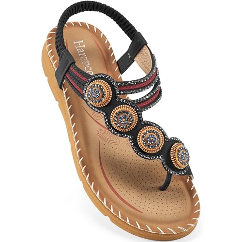 HARENCE Women’s Beaded Flat Sandals with Elastic Ankle Strap