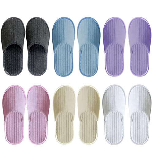 somwherr Disposable Slippers for Guests 6 Pairs Closed Toe Coral Fleece House Slippers with Non-Slip Thickened Sole Soft Spa Slippers Bulk for Hotel Travel Bridal Shower Party Unisex 6 Colors