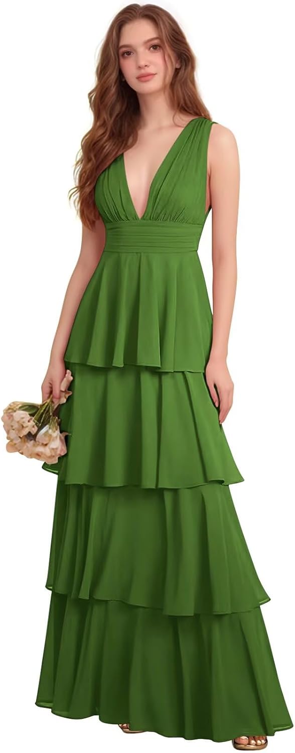 ALFEICE Ruffle Bridesmaid Dresses Tiered Prom Dress for Women 2025 Long Chiffon V Neck Formal Wedding Guest Dresses