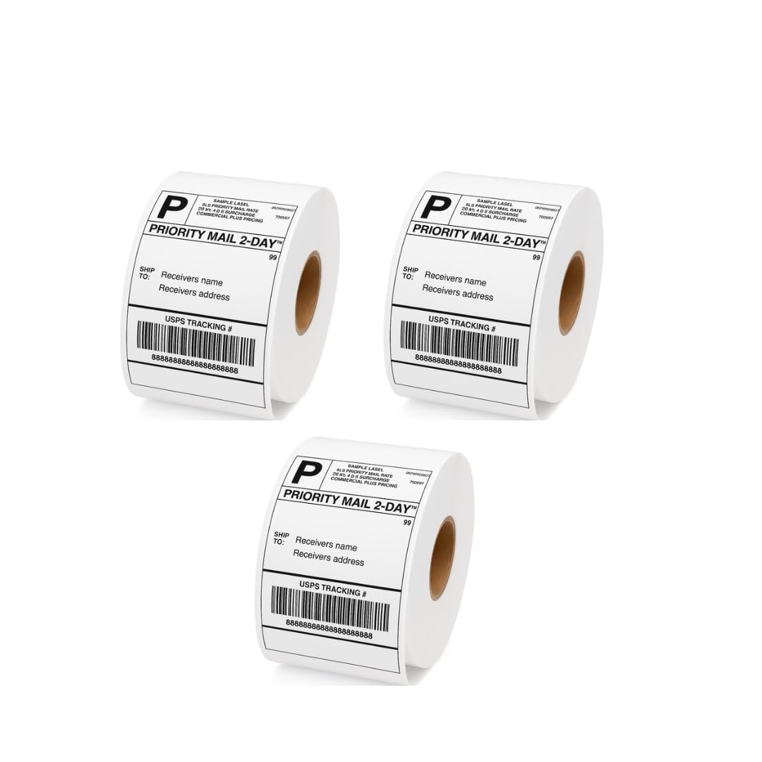 3 Rolls - 4''x 6'' Direct Thermal Label Rolls (100 x150mm), Blank White Labels, Permanent - Adhesive Shipping Labels Compatible with MUNBYN, Rollo and Zebra (250 Labels x 3 Rolls).