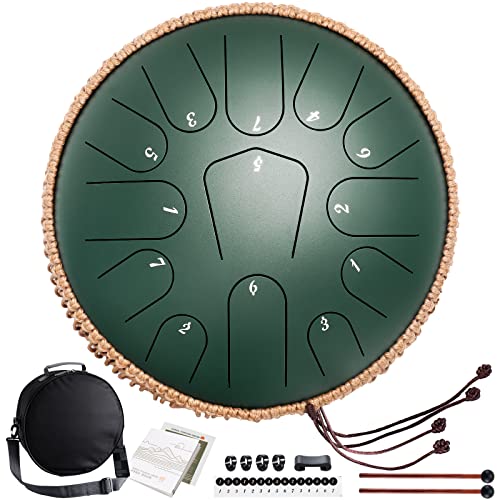Lronbird Steel Tongue Drum,12 Inch 13 Note Steel Drums, Concert Percussion Instrument With Travel Bag Music Book Mallets For Adults Meditation Yoga Zen Chakra Healing, Unique Gifts, C Major (Green) #TOP6
