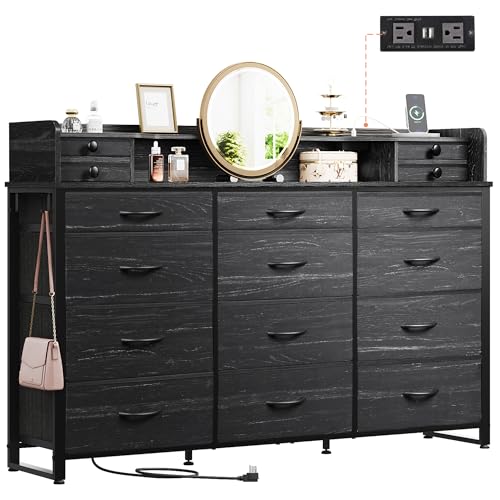 WLIVE 55''W Storage Organizer Unit with Charging Station, Black Storage Drawers Organizer with 16...