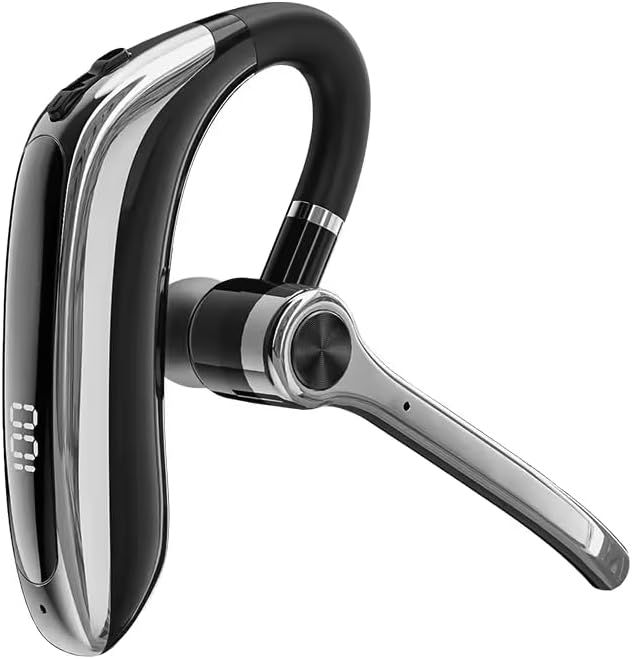 Silver Single Ear Bluetooth Headset with Mic, Bluetooth 5.3, ENC Noise Cancelling, 15H Battery, Rotatable Mic, LED Display, Type-C for Office Driving Gym