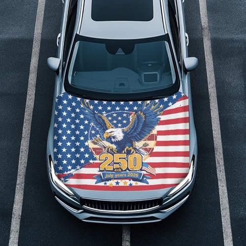 Image of Hood Cover Protector for Car, Stretchable Auto Hood Wrap Blankets, USA 250th Birthday and Bald Eagle Waterproof Automotive Accessories for SUV Sedans Trucks (59x39 inches)