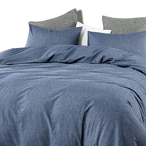 Wake In Cloud - Denim Blue Duvet Cover Set, 100% Washed Cotton Yarn Dyed Plain Solid Color, Comfy Bedding With Zipper Closure Corner Ties (3Pcs, Queen Size) #TOP1