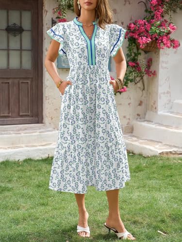 Image of Wenrine Womens Summer Floral Midi Dresses Cap Sleeve Striped Sundress