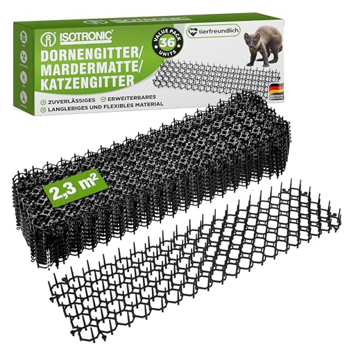 Preisvergleich Produktbild ISOTRONIC Katzenabwehr für den Außenbereich Mardermatte Dornengitter Tier-Barriere Katzenabwehrmatte, mit 2,5 cm Kunststoffspitzen, Kratzschutz für Katzen (schwarz 36 Stück)