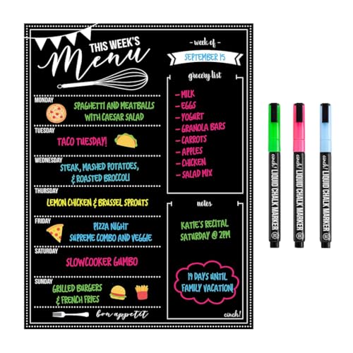 Cinch! 16x12-Inch Chalkboard Weekly Menu - Magnetic Meal Planner Board for Refrigerator - Reusable Black Menu Board with 3 Neon Liquid Chalk Markers - Weekly Food Planner for Kitchen Organization - Thumbnail 3