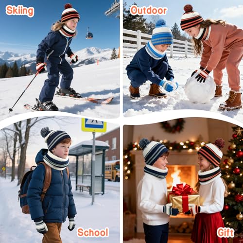 Image of Kids Winter Hat Gloves Scarf Set: Girls Boys Beanie Fleece Lined Ages 6-10 | Kids Beanie Hats Gloves Neck Warmer Knit Set, with Thick Warm Fleece Lining, for Child Gift, Cold Weather Ski, Snow