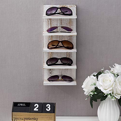 MyGift 5-Tier Vintage Whitewashed Wood Sunglasses Holder for Home Wall Organizer and Retail Display Case