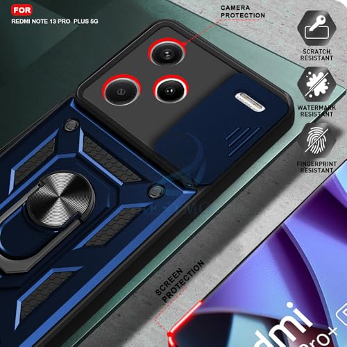 Image of AESTMO Tough Armor Redmi Note 13 Pro Plus 5G Bumper Back Case Cover | Ring Holder & Sliding Camera Shield Cover | 360 Degree Protection Back Case Cover for Redmi Note 13 Pro Plus 5G (Blue)