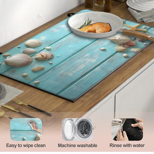 Image of Multi-Design Silicone Stove Cover for Glass /Electric Stoves - 3-in-1 Heat-Resistant Protector Mat, Non-Slip Drying Rack (Summer Wooden Starfish Seashells, 28 inch L x 20 inch W)