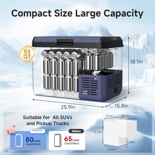 Image of BODEGACOOLER 12 Volt Car Refrigerator, 53QT(50L) IPX4 Waterproof Electric Cooler, 31dB Ultra-Quiet Car Fridge APP Control with 12 /24V DC 110-240V AC, -4℉~68℉, Portable for Truck RV Camping, Travel