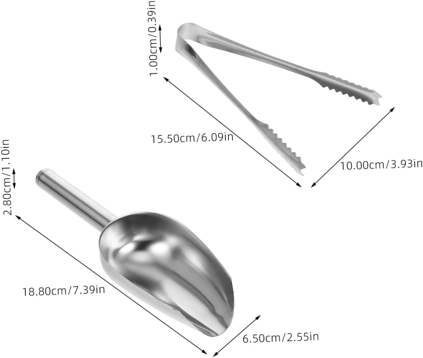Stainless Steel Ice Scoop and Tongs, Compact Silver