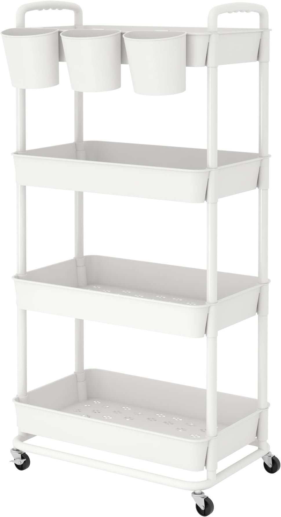 JIUYOTREE 4-Tier Plastic Rolling Storage Cart Utility Cart with Extra Hanging Cups Handles Lockable Wheels for Living Room Bathroom Kitchen Office White