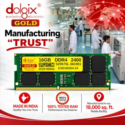 Image of Dolgix Gold 16GB DDR4 Laptop RAM 2400MHz | Notebook RAM CL-17 (Memory) (2Rx8 Dual Rank) SO-DIMM | PC4-19200 | 5 Year Warranty (Made in India)