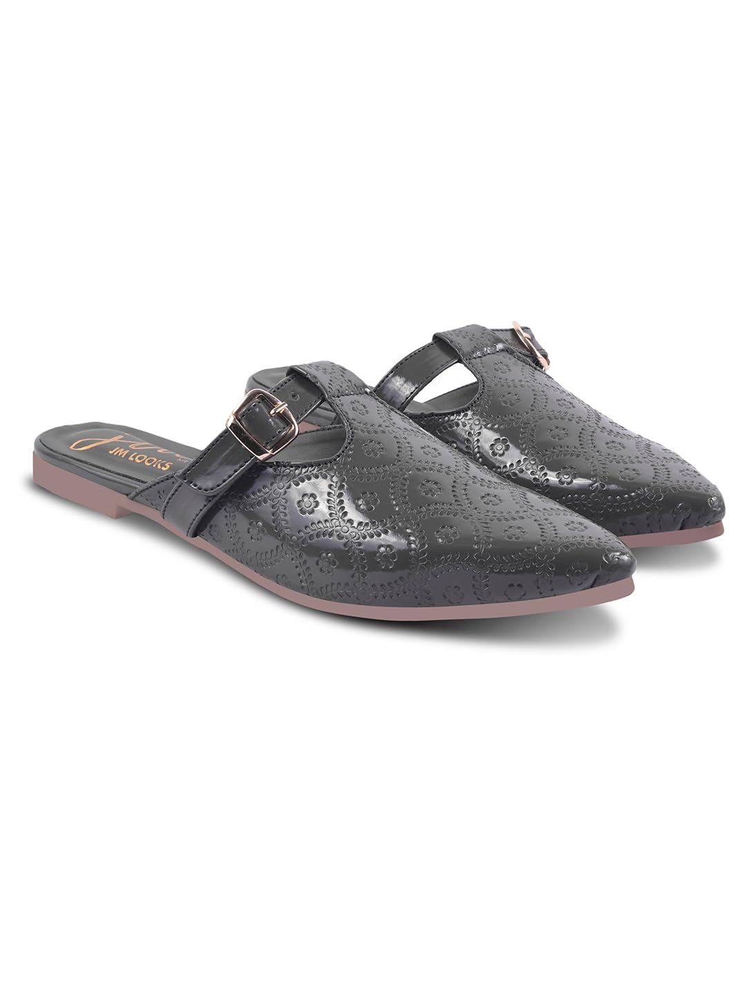 Women's Pointed Toe Mules Cut-Out Slip-On Flats with Textured Upper & Buckle Strap for Casual and Office Brunch-image-2