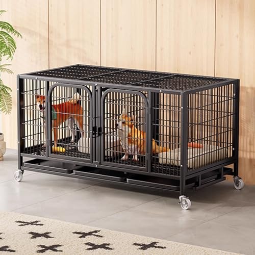 Recinto per cani da esterno con due porte, ruote girevoli, design impilabile, resistente acciaio al carbonio