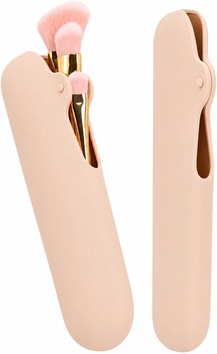 Porta Pincéis de Maquiagem - Estojo de Maquiagem em Silicone Lavável – Organizador Para Seus Pincéis de Maquiagem - Ideal para Bolsa e Viagens (Nude)