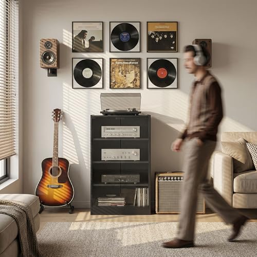 HOMCOM Media Cabinet, 4-Tier Stereo Cabinet for Vinyl Record Player, Gaming Console, AV Record Player Stand with Adjustable Shelves, Push-to-Open Glass Doors and Cable Management, Distressed Black