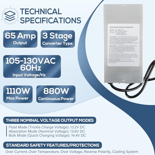 WF-9865-AD-CB Deck Mount Converter Charger, 65 Amp DC Output with 20 Amp AC Power Cord, Replacement for RV Trailer Camper WF-9800 Series, WF-9865, WF-9865-MBA
